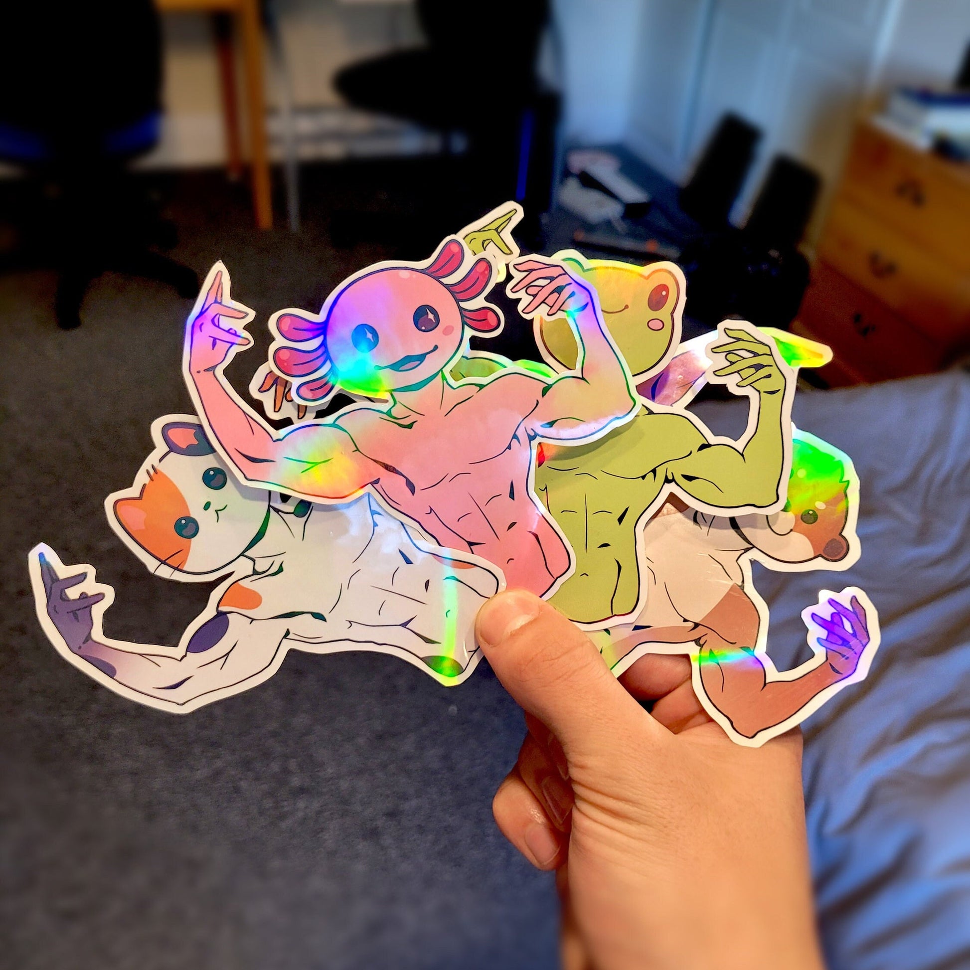 Holographic Muscle Sticker Bundle! 4pcs / Waterproof / Adorable Funny Meme Cursed stickers for Scrapbooking, Bullet Journal, Diary