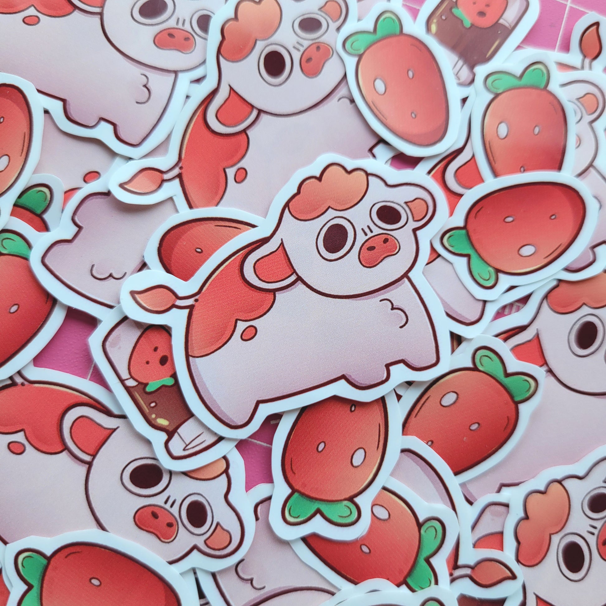 Strawberry Cow Sticker! 3pcs / Waterproof / Adorable Aesthetic Vinyl stickers for Scrapbooking, Bullet Journal, Diary