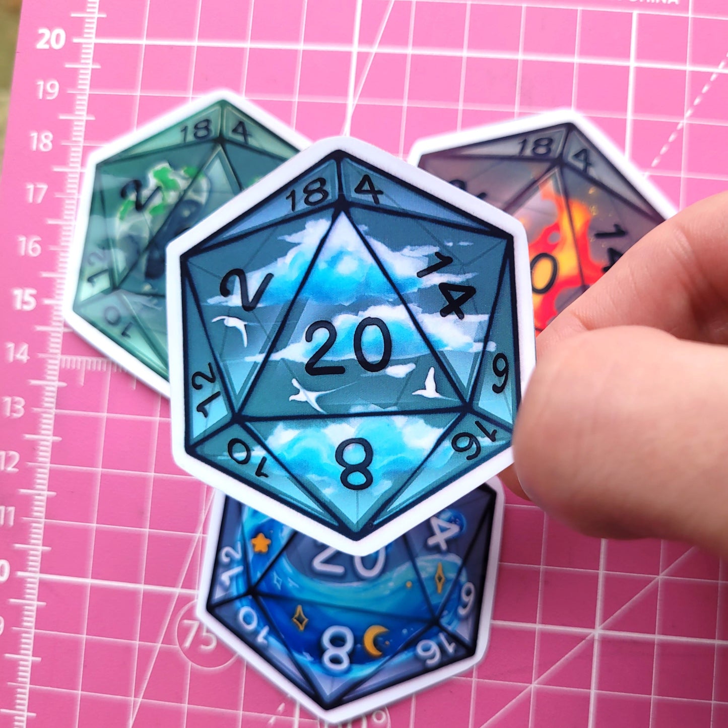 Elemental Dice D20 Stickers! 4pcs / Waterproof / Awesome Aesthetic Vinyl stickers for Scrapbooking, Bullet Journal, Diary