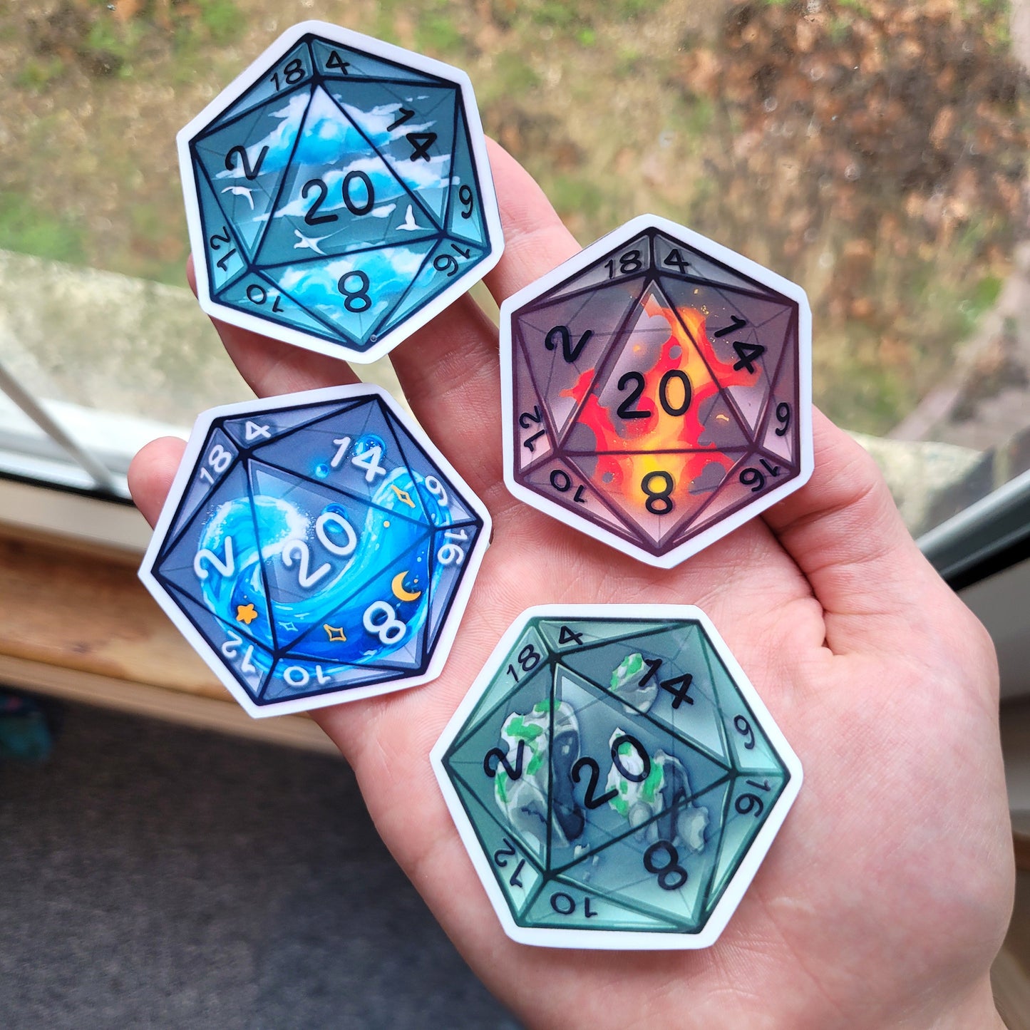 Elemental Dice D20 Stickers! 4pcs / Waterproof / Awesome Aesthetic Vinyl stickers for Scrapbooking, Bullet Journal, Diary