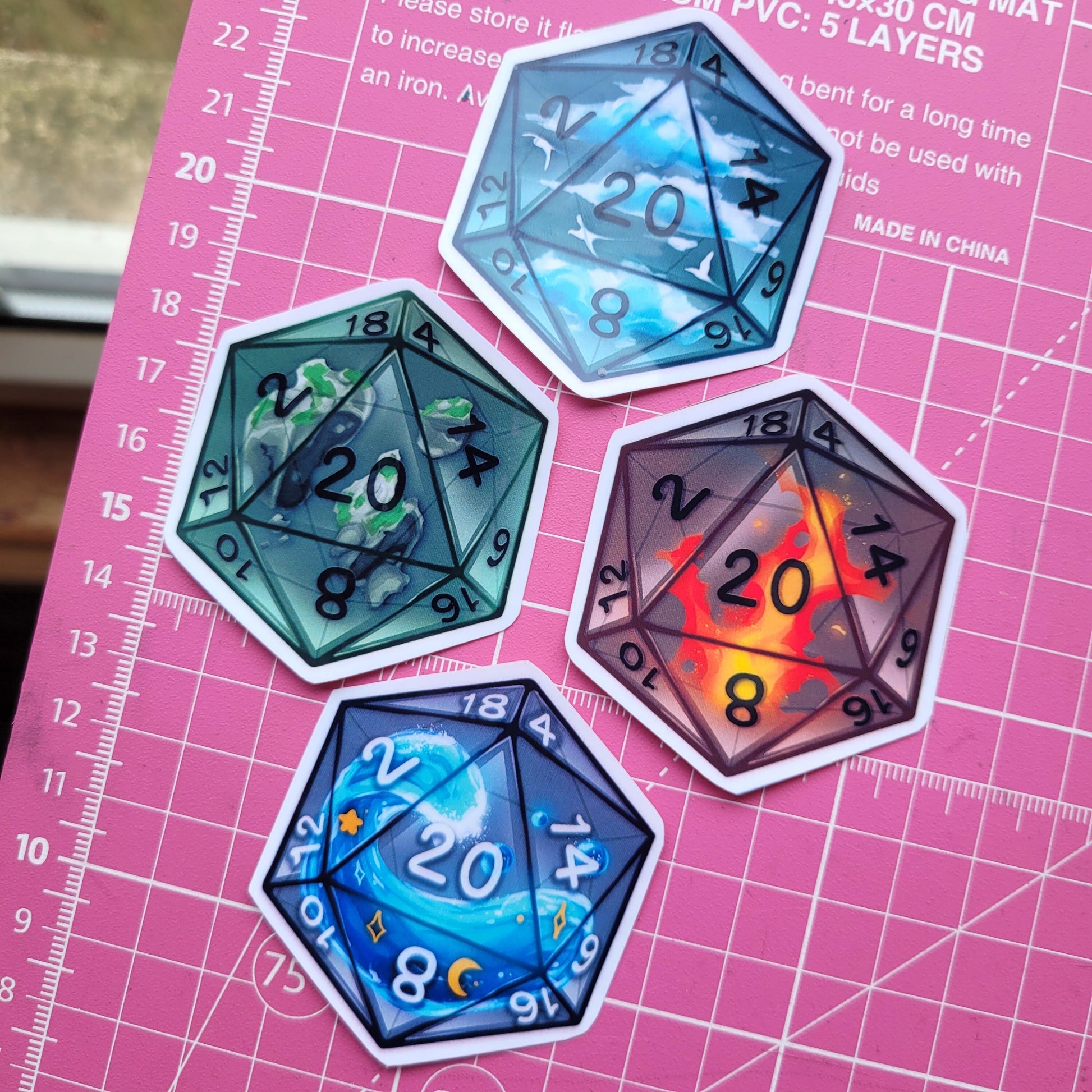 Elemental Dice D20 Stickers! 4pcs / Waterproof / Awesome Aesthetic Vinyl stickers for Scrapbooking, Bullet Journal, Diary