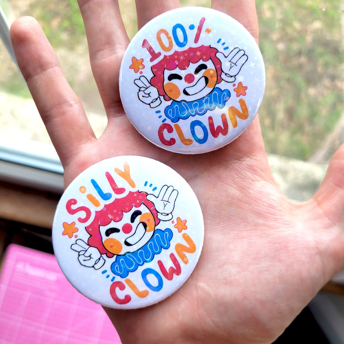 Cute Clown Badges! / Holographic Clowncore Button Pin for Backpacks, Lanyards, Jackets