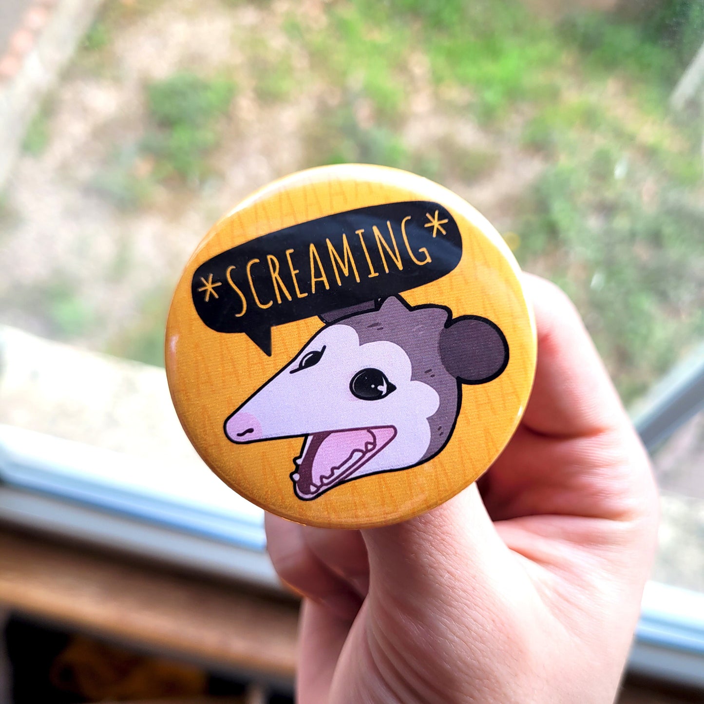 Screaming Opossum Badge! / Possum Marsupial Button Pin for Backpacks, Lanyards, Jackets