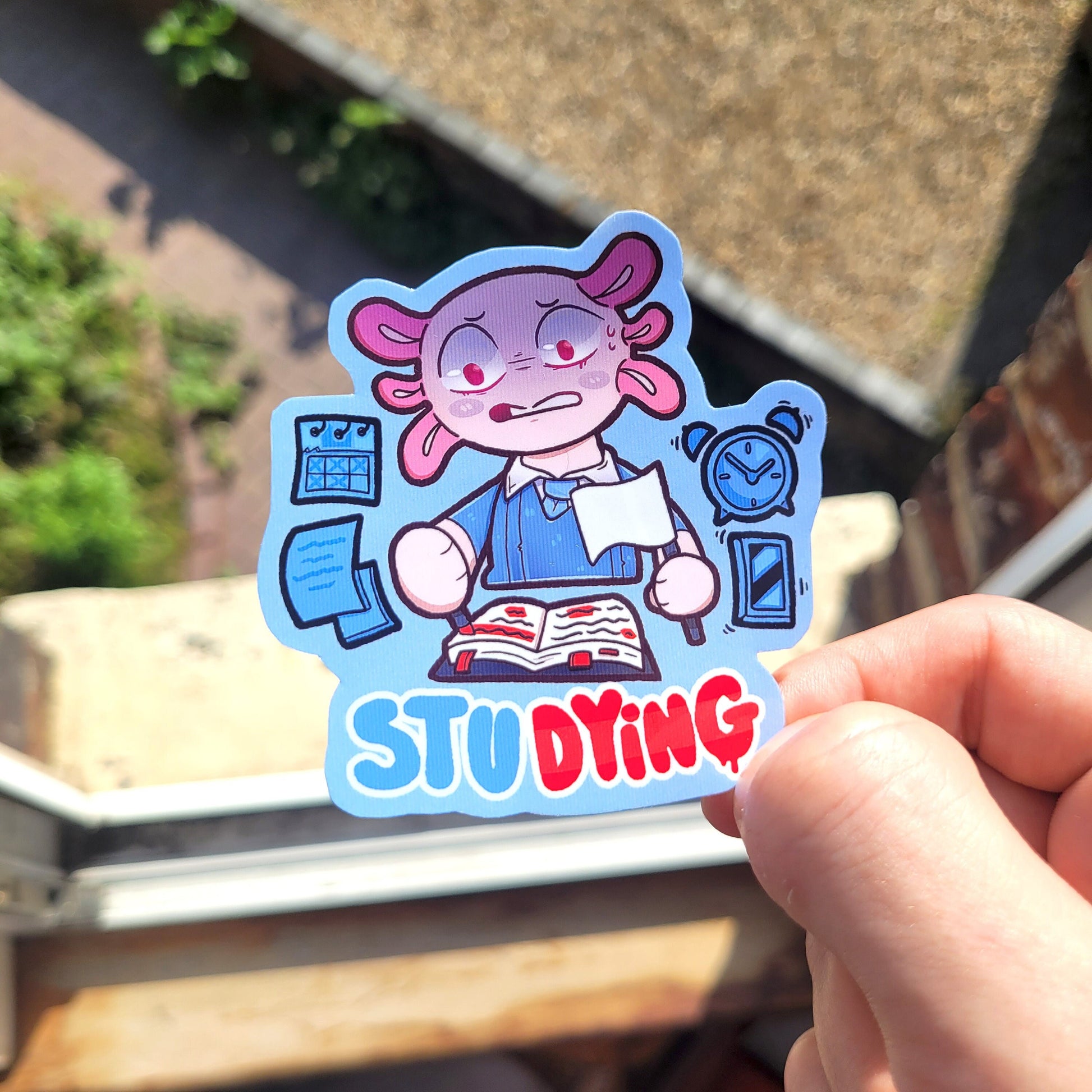 Stress and Overworked Sticker! / Waterproof / Studying Axolotl Vinyl Sticker for Scrapbooking, Bullet Journal, Diary