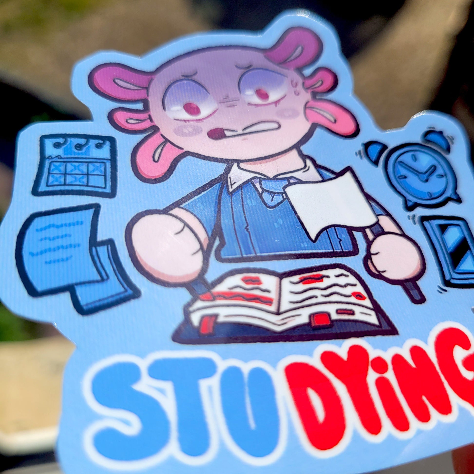 Stress and Overworked Sticker! / Waterproof / Studying Axolotl Vinyl Sticker for Scrapbooking, Bullet Journal, Diary